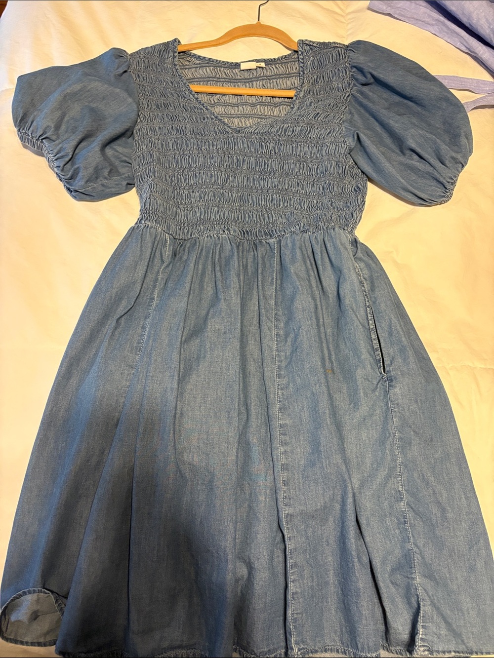 GAP Denim-Blue Smocked Puff-Sleeve Mini Dress